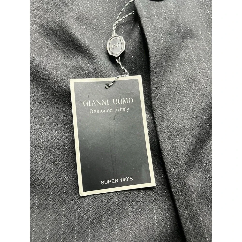 Gianni Uomo Suit Designed in Italy 50R 46x30 Super 120 Black Pinstriped Wide Leg